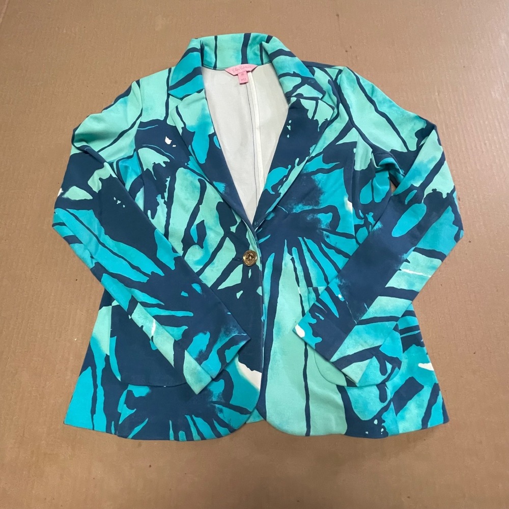 Lilly Pulitzer Tess Blazer Jacket XS Sparkling Blue Get Inky Palm Print Knit